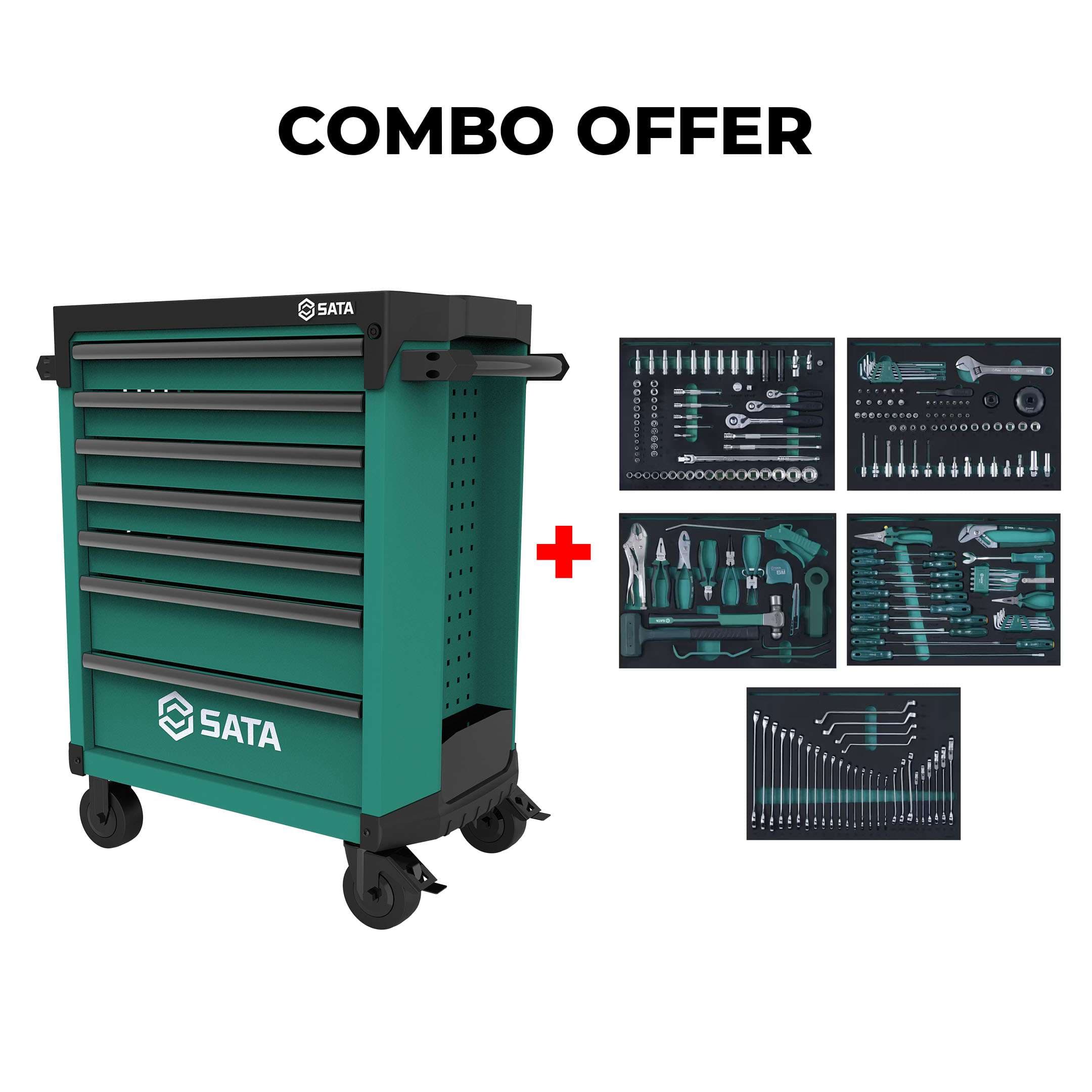 SATA Bundle 239 Automotive Master Tool Set With 7 Drawer Green Roller Cabinet