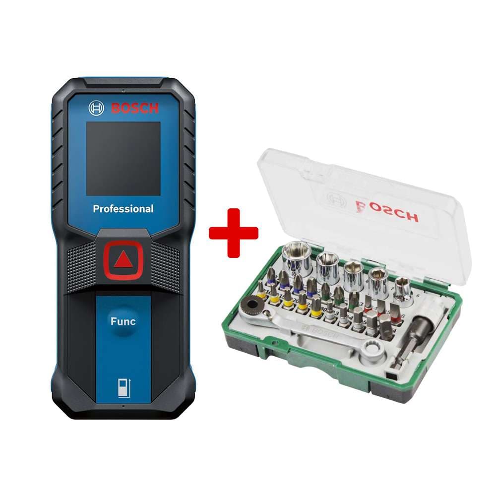 Bosch GLM 25-23 Laser Distance Measure with 27-Piece Mini Ratchet Tool Set – Professional Measuring & Installation Tool Bundle