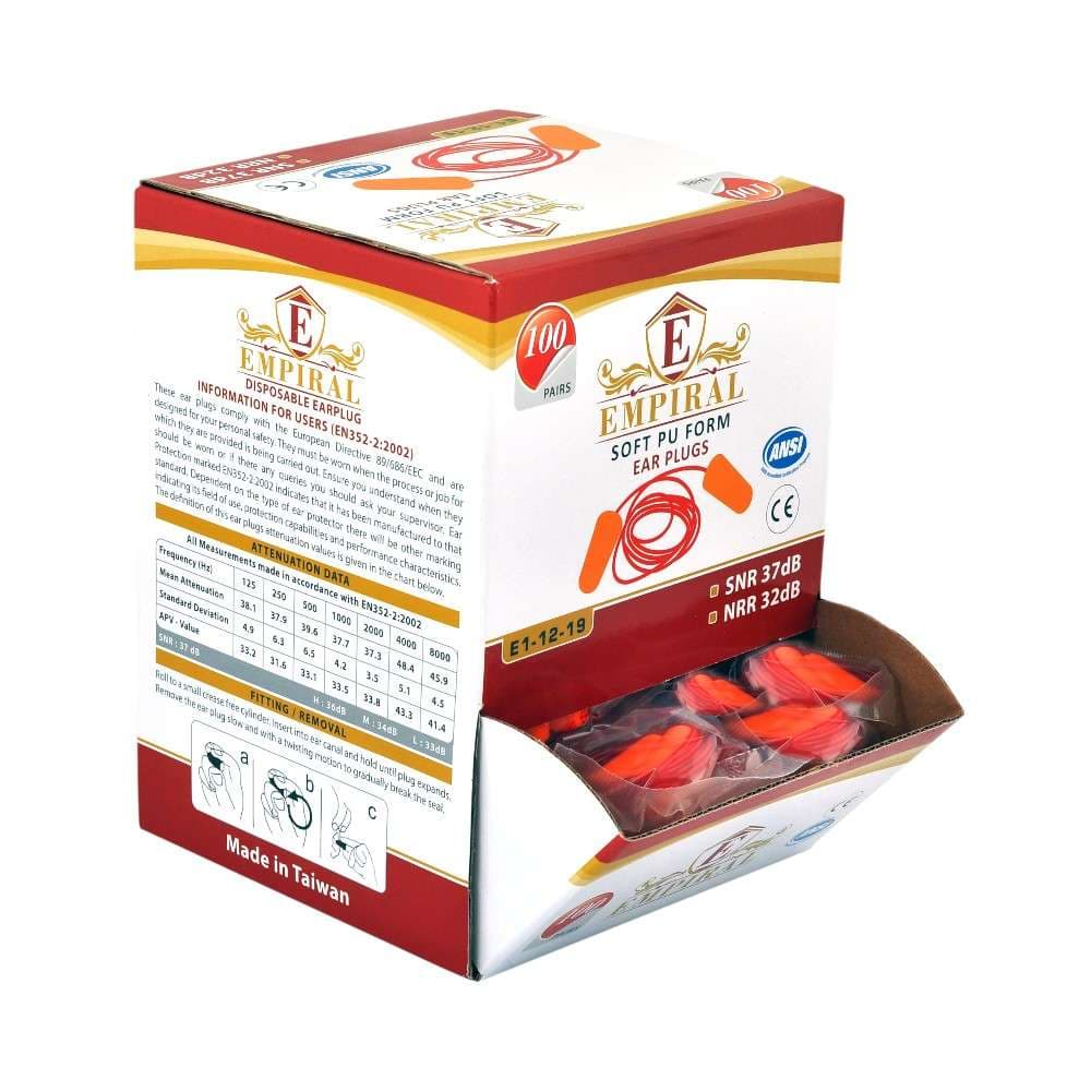 Empiral Sync PU Corded Ear Plugs, Used for Noise Reduction & Easy Reuse, Orange - Box of 100 Pairs